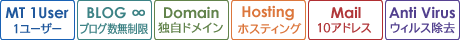 MovableType有償ライセンス1ユーザーアカウント、ブログ数無制限、独自ドメイン、ホスティング、10メールアドレス、ウィルス除去サービス